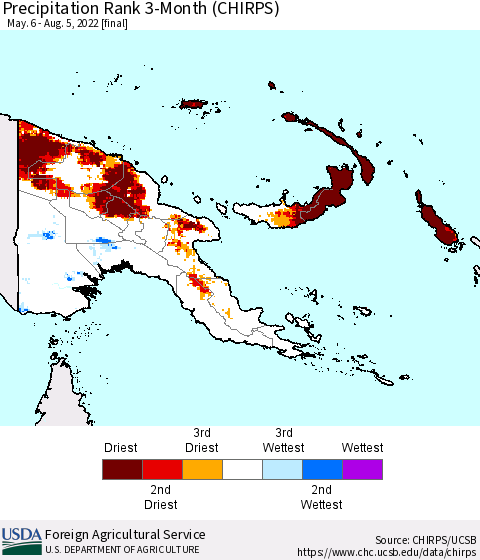 Papua New Guinea Precipitation Rank since 1981, 3-Month (CHIRPS) Thematic Map For 5/6/2022 - 8/5/2022