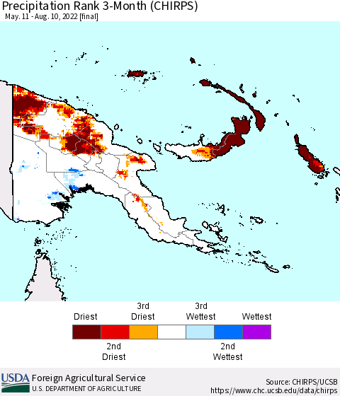 Papua New Guinea Precipitation Rank since 1981, 3-Month (CHIRPS) Thematic Map For 5/11/2022 - 8/10/2022