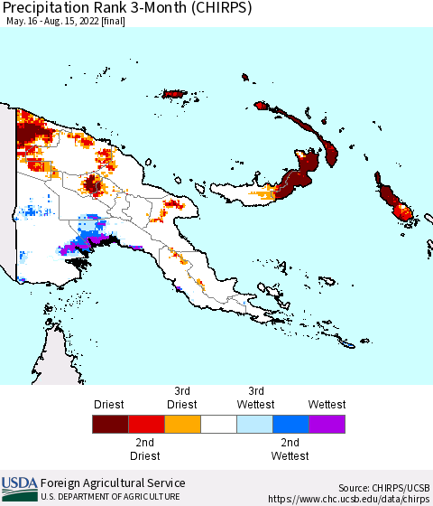 Papua New Guinea Precipitation Rank since 1981, 3-Month (CHIRPS) Thematic Map For 5/16/2022 - 8/15/2022