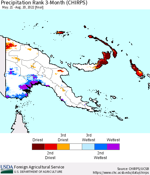 Papua New Guinea Precipitation Rank since 1981, 3-Month (CHIRPS) Thematic Map For 5/21/2022 - 8/20/2022