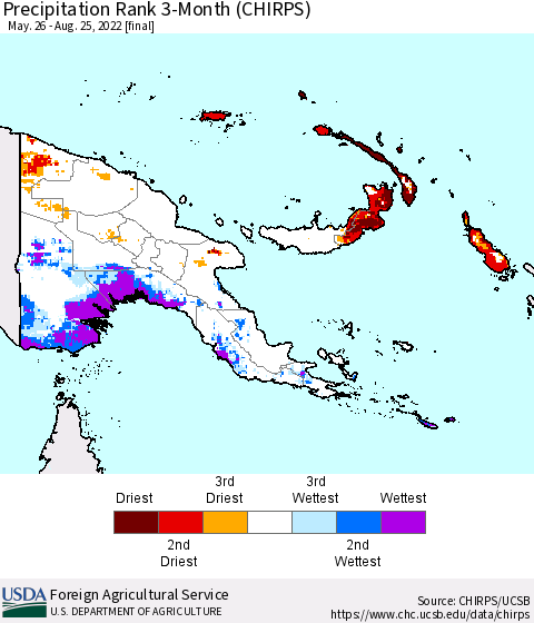 Papua New Guinea Precipitation Rank since 1981, 3-Month (CHIRPS) Thematic Map For 5/26/2022 - 8/25/2022