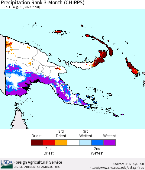 Papua New Guinea Precipitation Rank since 1981, 3-Month (CHIRPS) Thematic Map For 6/1/2022 - 8/31/2022
