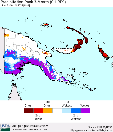 Papua New Guinea Precipitation Rank since 1981, 3-Month (CHIRPS) Thematic Map For 6/6/2022 - 9/5/2022