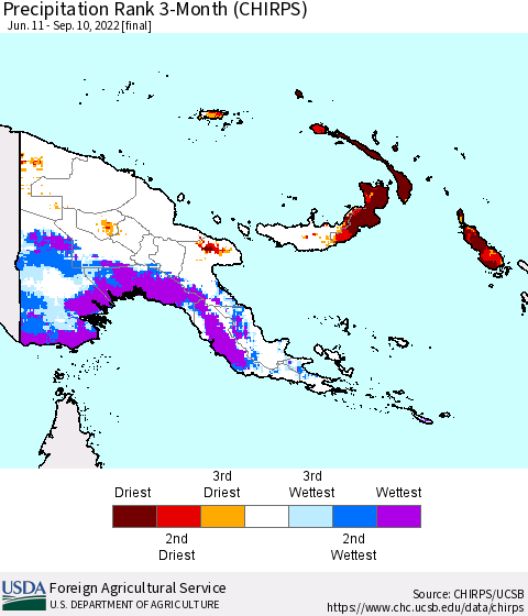 Papua New Guinea Precipitation Rank since 1981, 3-Month (CHIRPS) Thematic Map For 6/11/2022 - 9/10/2022