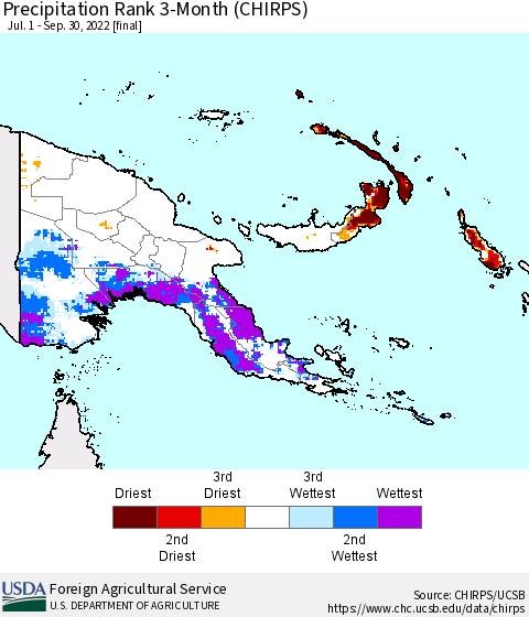 Papua New Guinea Precipitation Rank since 1981, 3-Month (CHIRPS) Thematic Map For 7/1/2022 - 9/30/2022