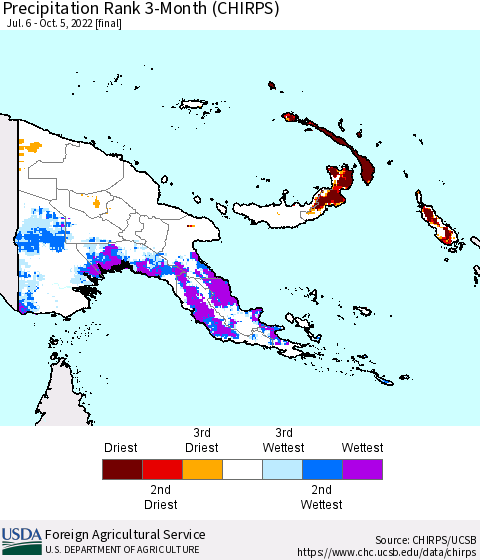 Papua New Guinea Precipitation Rank since 1981, 3-Month (CHIRPS) Thematic Map For 7/6/2022 - 10/5/2022
