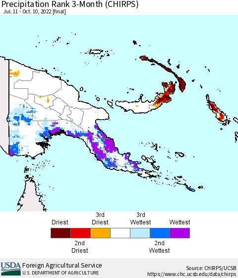 Papua New Guinea Precipitation Rank since 1981, 3-Month (CHIRPS) Thematic Map For 7/11/2022 - 10/10/2022