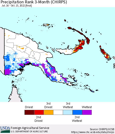 Papua New Guinea Precipitation Rank since 1981, 3-Month (CHIRPS) Thematic Map For 7/16/2022 - 10/15/2022