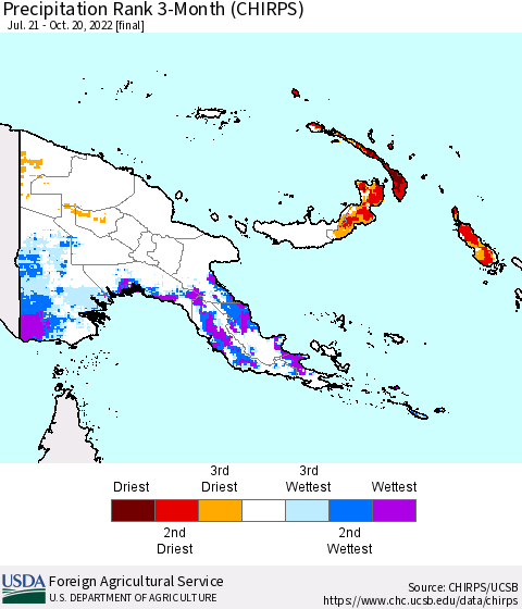 Papua New Guinea Precipitation Rank since 1981, 3-Month (CHIRPS) Thematic Map For 7/21/2022 - 10/20/2022