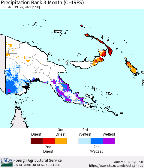 Papua New Guinea Precipitation Rank since 1981, 3-Month (CHIRPS) Thematic Map For 7/26/2022 - 10/25/2022