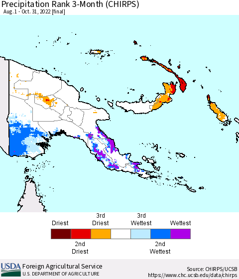 Papua New Guinea Precipitation Rank since 1981, 3-Month (CHIRPS) Thematic Map For 8/1/2022 - 10/31/2022