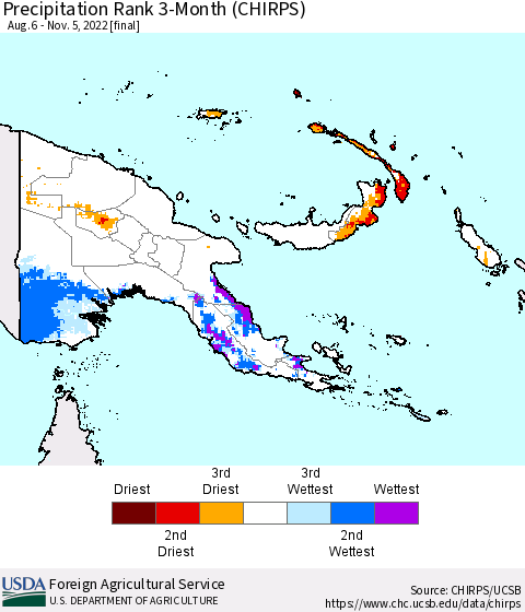Papua New Guinea Precipitation Rank since 1981, 3-Month (CHIRPS) Thematic Map For 8/6/2022 - 11/5/2022