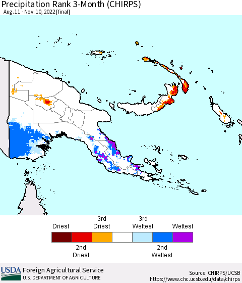Papua New Guinea Precipitation Rank since 1981, 3-Month (CHIRPS) Thematic Map For 8/11/2022 - 11/10/2022