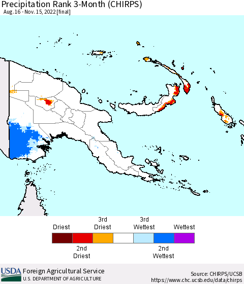 Papua New Guinea Precipitation Rank since 1981, 3-Month (CHIRPS) Thematic Map For 8/16/2022 - 11/15/2022