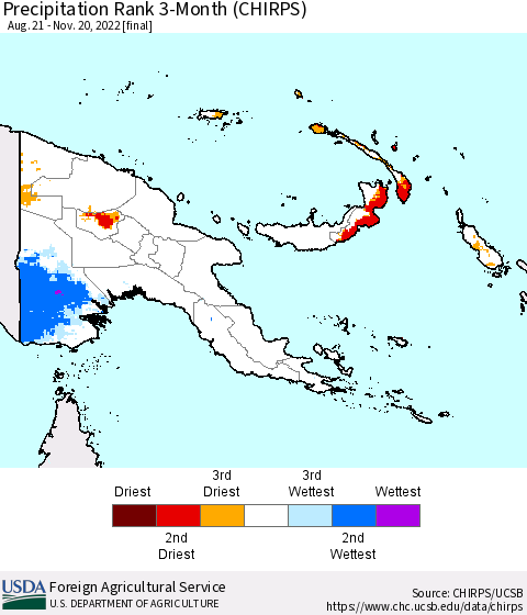 Papua New Guinea Precipitation Rank since 1981, 3-Month (CHIRPS) Thematic Map For 8/21/2022 - 11/20/2022