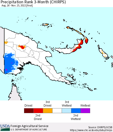 Papua New Guinea Precipitation Rank since 1981, 3-Month (CHIRPS) Thematic Map For 8/26/2022 - 11/25/2022