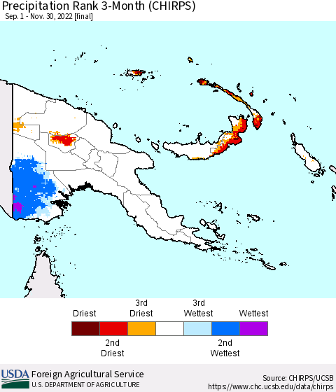 Papua New Guinea Precipitation Rank since 1981, 3-Month (CHIRPS) Thematic Map For 9/1/2022 - 11/30/2022