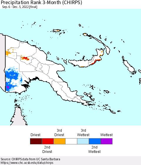Papua New Guinea Precipitation Rank since 1981, 3-Month (CHIRPS) Thematic Map For 9/6/2022 - 12/5/2022