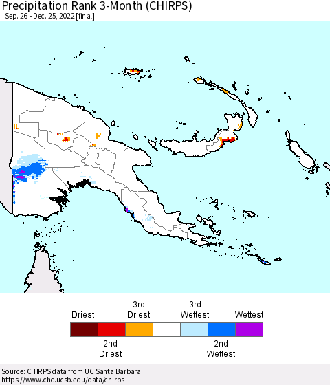 Papua New Guinea Precipitation Rank since 1981, 3-Month (CHIRPS) Thematic Map For 9/26/2022 - 12/25/2022