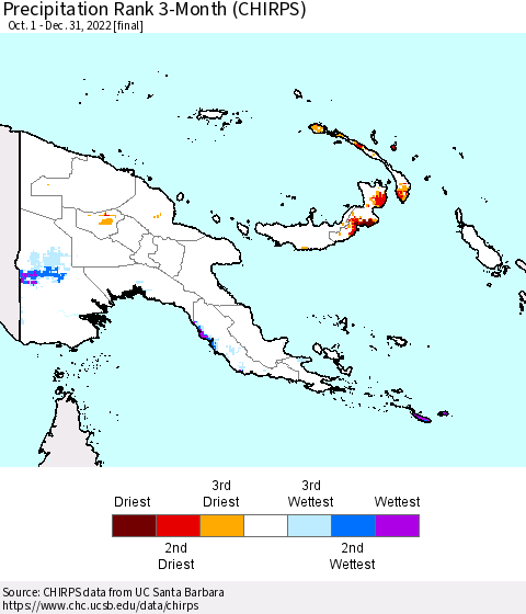 Papua New Guinea Precipitation Rank since 1981, 3-Month (CHIRPS) Thematic Map For 10/1/2022 - 12/31/2022