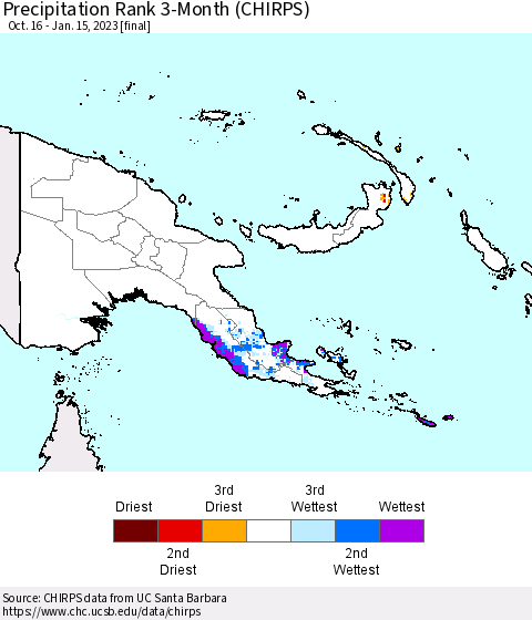 Papua New Guinea Precipitation Rank since 1981, 3-Month (CHIRPS) Thematic Map For 10/16/2022 - 1/15/2023