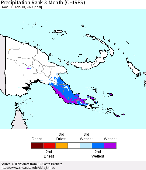 Papua New Guinea Precipitation Rank since 1981, 3-Month (CHIRPS) Thematic Map For 11/11/2022 - 2/10/2023