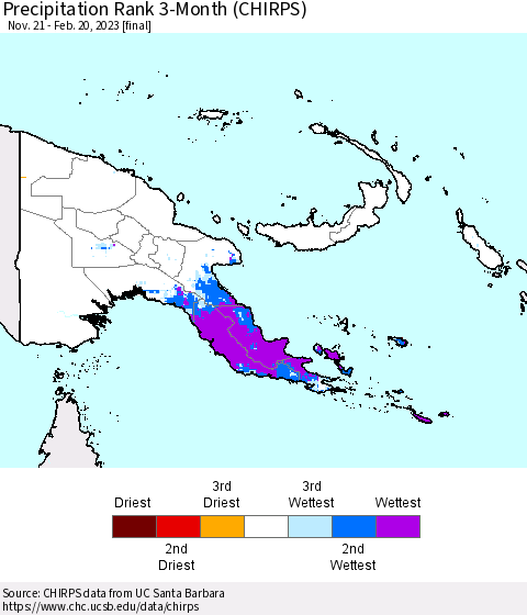 Papua New Guinea Precipitation Rank since 1981, 3-Month (CHIRPS) Thematic Map For 11/21/2022 - 2/20/2023