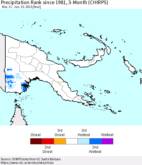Papua New Guinea Precipitation Rank since 1981, 3-Month (CHIRPS) Thematic Map For 3/11/2023 - 6/10/2023