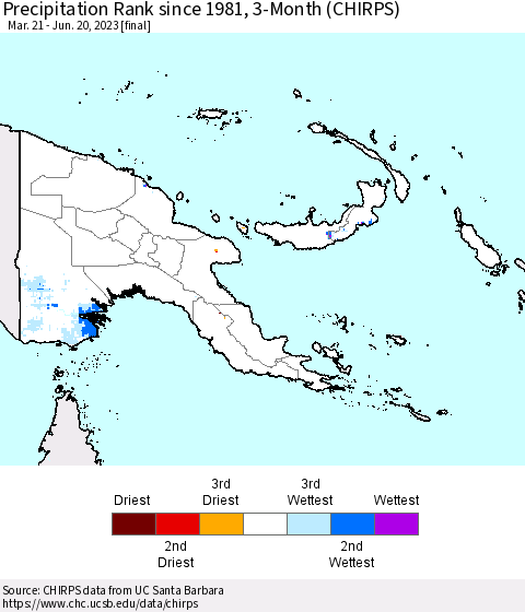 Papua New Guinea Precipitation Rank since 1981, 3-Month (CHIRPS) Thematic Map For 3/21/2023 - 6/20/2023