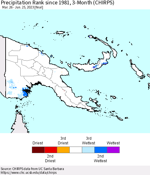 Papua New Guinea Precipitation Rank since 1981, 3-Month (CHIRPS) Thematic Map For 3/26/2023 - 6/25/2023
