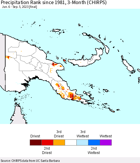 Papua New Guinea Precipitation Rank since 1981, 3-Month (CHIRPS) Thematic Map For 6/6/2023 - 9/5/2023