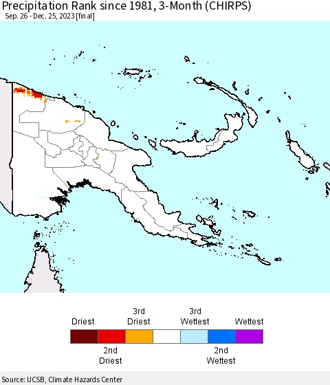 Papua New Guinea Precipitation Rank since 1981, 3-Month (CHIRPS) Thematic Map For 9/26/2023 - 12/25/2023