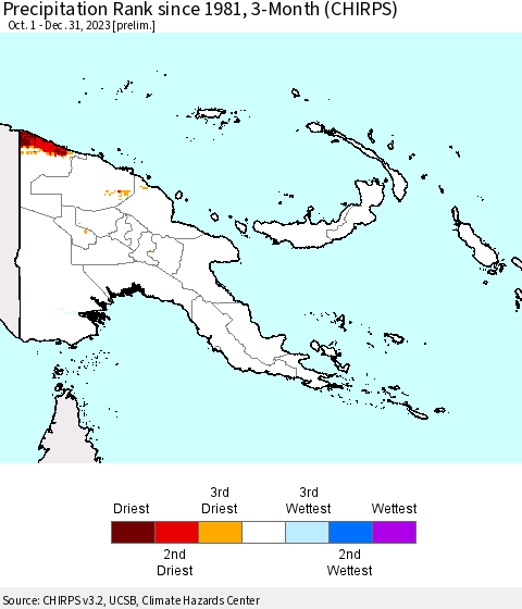 Papua New Guinea Precipitation Rank since 1981, 3-Month (CHIRPS) Thematic Map For 10/1/2023 - 12/31/2023
