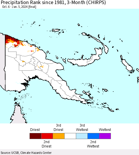 Papua New Guinea Precipitation Rank since 1981, 3-Month (CHIRPS) Thematic Map For 10/6/2023 - 1/5/2024