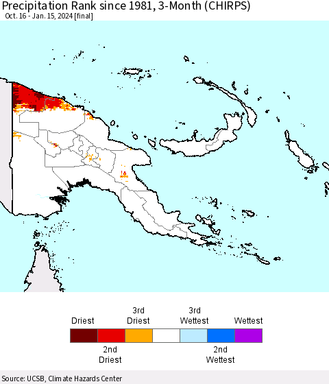 Papua New Guinea Precipitation Rank since 1981, 3-Month (CHIRPS) Thematic Map For 10/16/2023 - 1/15/2024