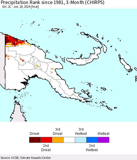 Papua New Guinea Precipitation Rank since 1981, 3-Month (CHIRPS) Thematic Map For 10/21/2023 - 1/20/2024