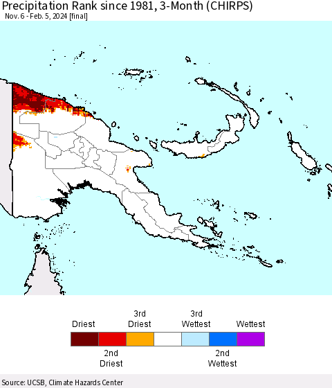 Papua New Guinea Precipitation Rank since 1981, 3-Month (CHIRPS) Thematic Map For 11/6/2023 - 2/5/2024