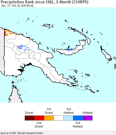 Papua New Guinea Precipitation Rank since 1981, 3-Month (CHIRPS) Thematic Map For 11/21/2023 - 2/20/2024