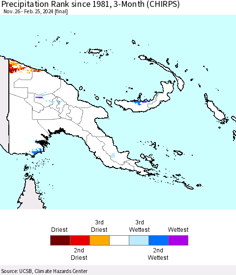 Papua New Guinea Precipitation Rank since 1981, 3-Month (CHIRPS) Thematic Map For 11/26/2023 - 2/25/2024