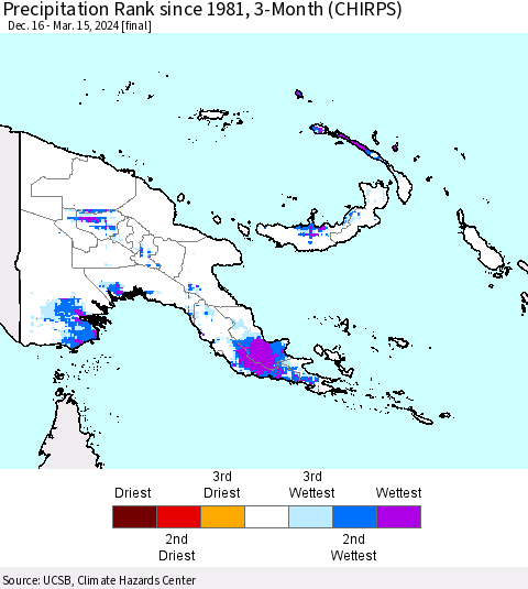 Papua New Guinea Precipitation Rank since 1981, 3-Month (CHIRPS) Thematic Map For 12/16/2023 - 3/15/2024
