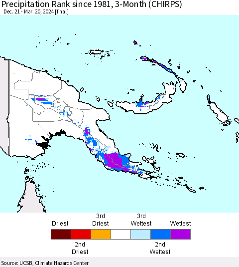 Papua New Guinea Precipitation Rank since 1981, 3-Month (CHIRPS) Thematic Map For 12/21/2023 - 3/20/2024