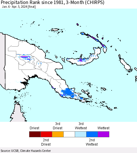 Papua New Guinea Precipitation Rank since 1981, 3-Month (CHIRPS) Thematic Map For 1/6/2024 - 4/5/2024