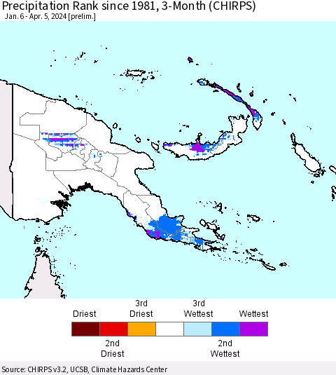 Papua New Guinea Precipitation Rank since 1981, 3-Month (CHIRPS) Thematic Map For 1/6/2024 - 4/5/2024