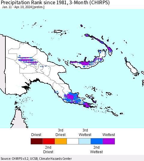 Papua New Guinea Precipitation Rank since 1981, 3-Month (CHIRPS) Thematic Map For 1/11/2024 - 4/10/2024
