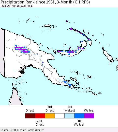 Papua New Guinea Precipitation Rank since 1981, 3-Month (CHIRPS) Thematic Map For 1/16/2024 - 4/15/2024