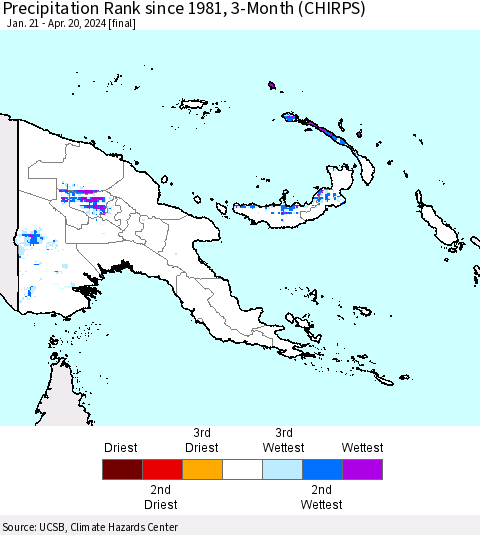 Papua New Guinea Precipitation Rank since 1981, 3-Month (CHIRPS) Thematic Map For 1/21/2024 - 4/20/2024