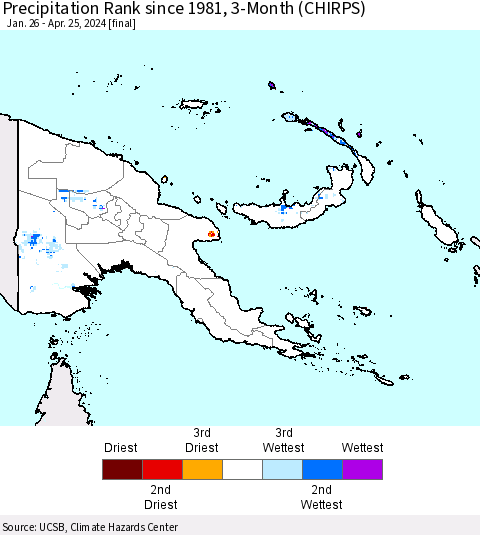 Papua New Guinea Precipitation Rank since 1981, 3-Month (CHIRPS) Thematic Map For 1/26/2024 - 4/25/2024