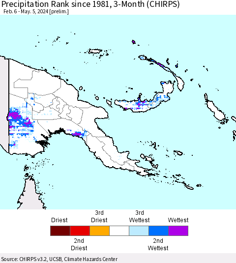 Papua New Guinea Precipitation Rank since 1981, 3-Month (CHIRPS) Thematic Map For 2/6/2024 - 5/5/2024