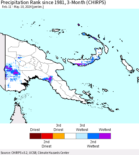 Papua New Guinea Precipitation Rank since 1981, 3-Month (CHIRPS) Thematic Map For 2/11/2024 - 5/10/2024