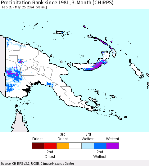 Papua New Guinea Precipitation Rank since 1981, 3-Month (CHIRPS) Thematic Map For 2/26/2024 - 5/25/2024